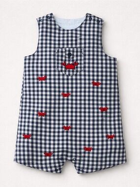 Little Me navy blue check gingham with crab embroidery sun suit romper 6m NWT
